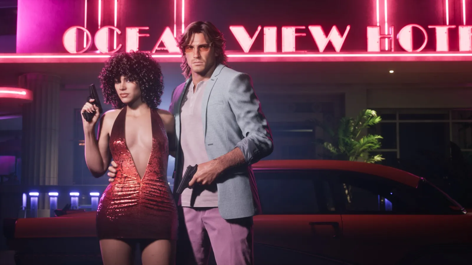 Jason y Lucia, de pie frente al hotel Ocean View de Vice City con pistolas en la mano; detrás, el Vapid Stanier del 55 bicolor del Vintage Vice City Pack